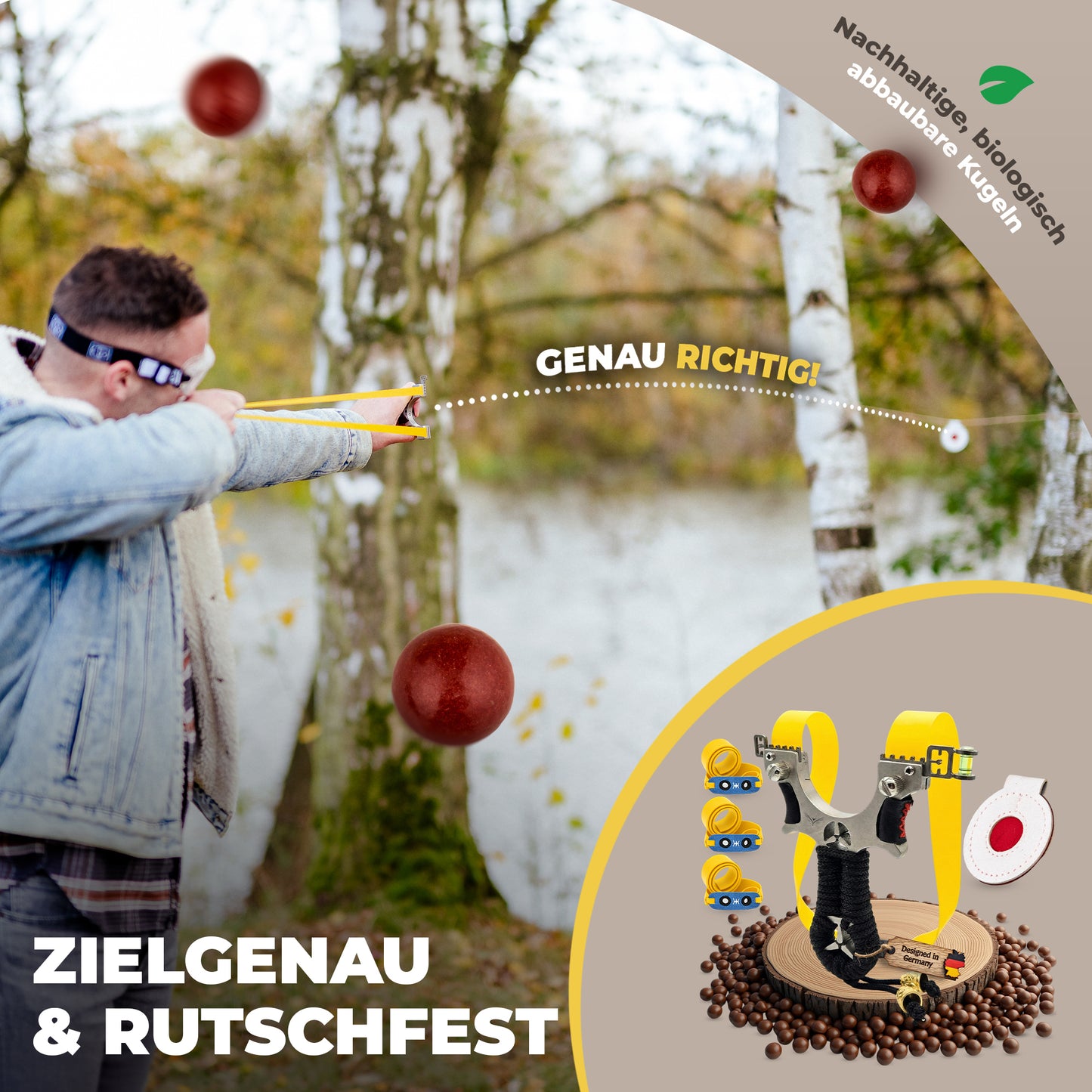 Abowllon® Steinschleuder-Set aus Edelstahl – Zwille Sportgerät mit 1 Lederziel, 100 Tonkugeln & 3 gelben Gummibändern – Ergonomischer Griff, präzise & robust