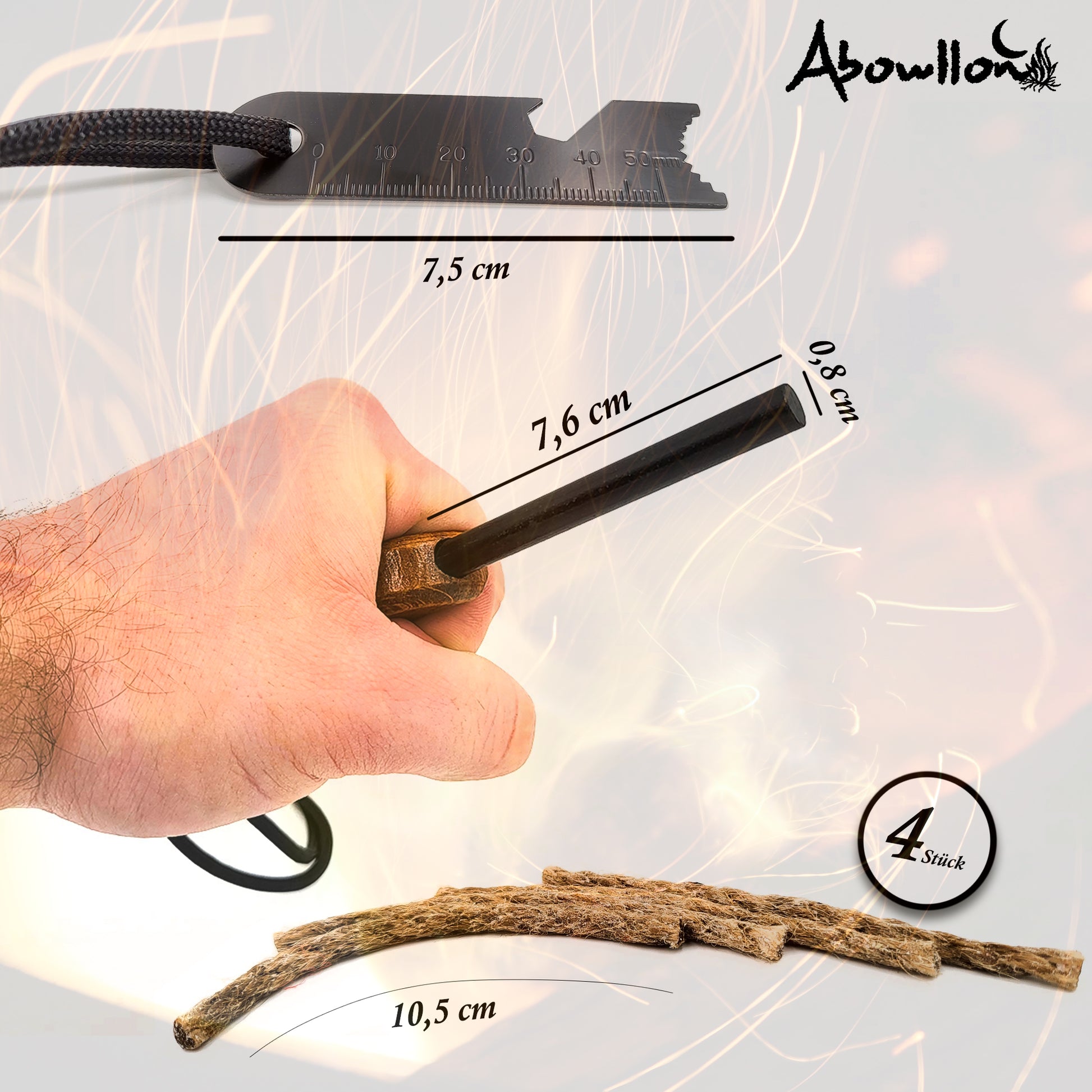 Feuerstahl Outdoor mit Zunder für Feuerstahl Feuerstarter Set utdoor Feuerzeug | Anzünder Survival mit Griff | Magnesium Feuerstarter - Abowllon