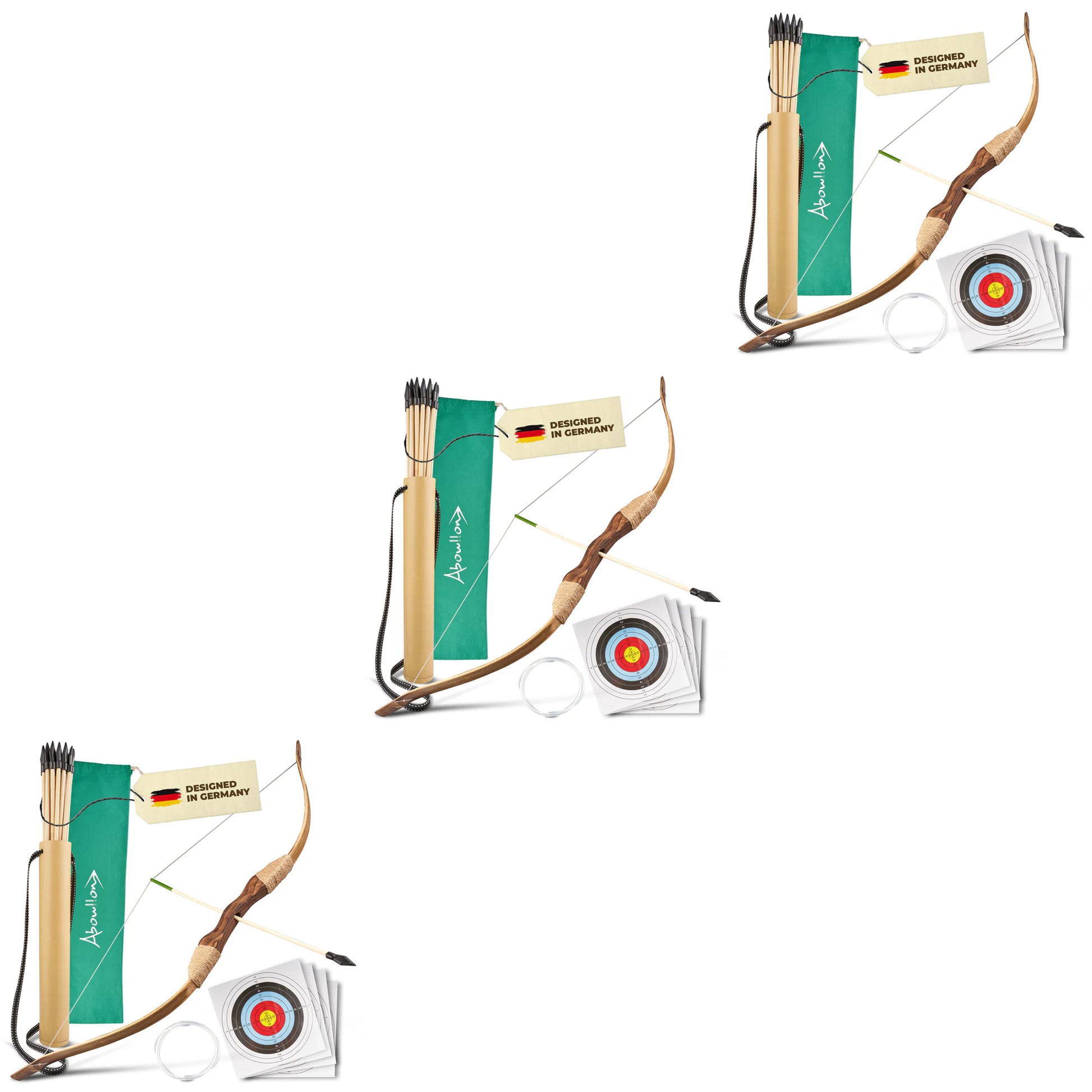 Pfeil und Bogen Sportgerät Holz Set 12 Pfeile mit Gummi-Spitze, Köcher, Tasche & 4 Zielscheiben - Abowllon