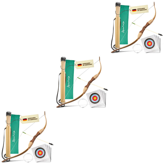 Pfeil und Bogen Sportgerät Holz Set 12 Pfeile mit Gummi-Spitze, Köcher, Tasche & 4 Zielscheiben - Abowllon
