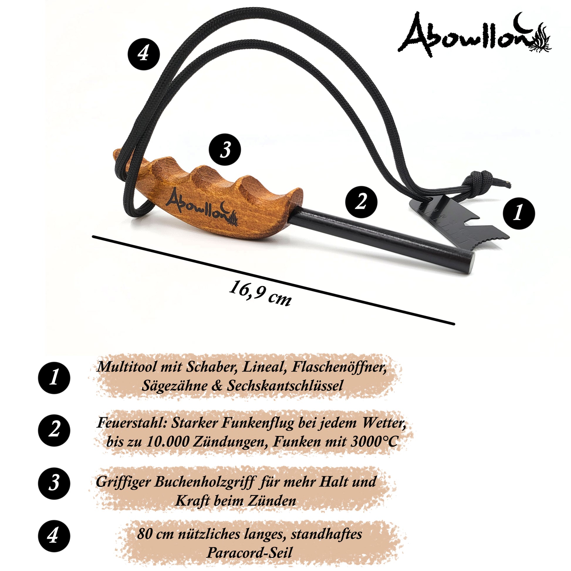 Feuerstahl Outdoor mit Zunder für Feuerstahl Feuerstarter Set utdoor Feuerzeug | Anzünder Survival mit Griff | Magnesium Feuerstarter - Abowllon