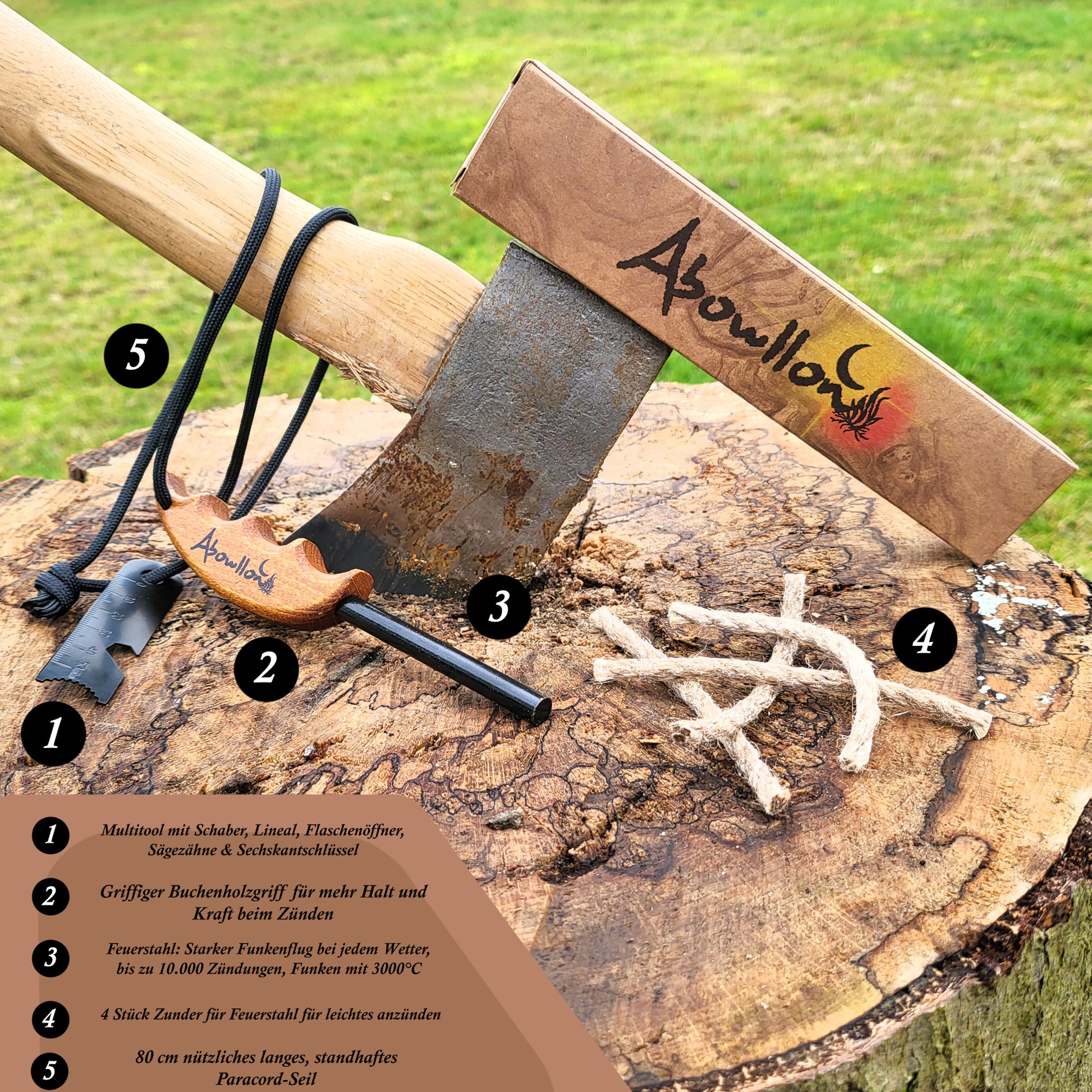 Feuerstahl Outdoor mit Zunder für Feuerstahl Feuerstarter Set utdoor Feuerzeug | Anzünder Survival mit Griff | Magnesium Feuerstarter - Abowllon