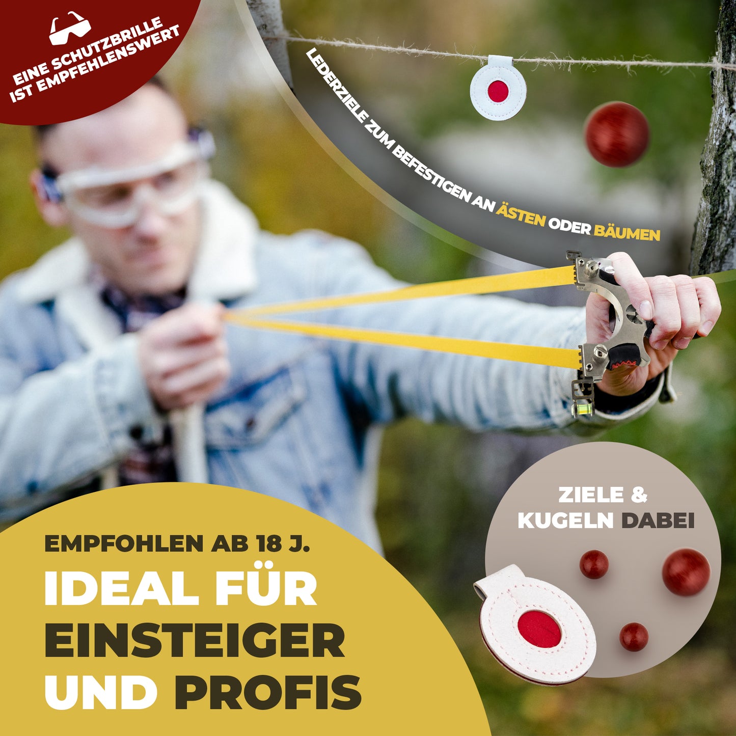 Abowllon® Steinschleuder-Set aus Edelstahl – Zwille Sportgerät mit 1 Lederziel, 100 Tonkugeln & 3 gelben Gummibändern – Ergonomischer Griff, präzise & robust