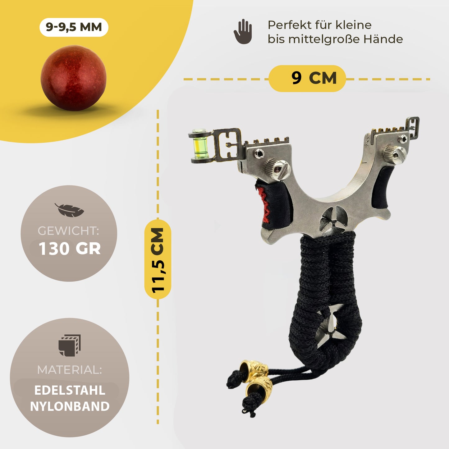 Abowllon® Steinschleuder-Set aus Edelstahl – Zwille Sportgerät mit 1 Lederziel, 100 Tonkugeln & 3 gelben Gummibändern – Ergonomischer Griff, präzise & robust
