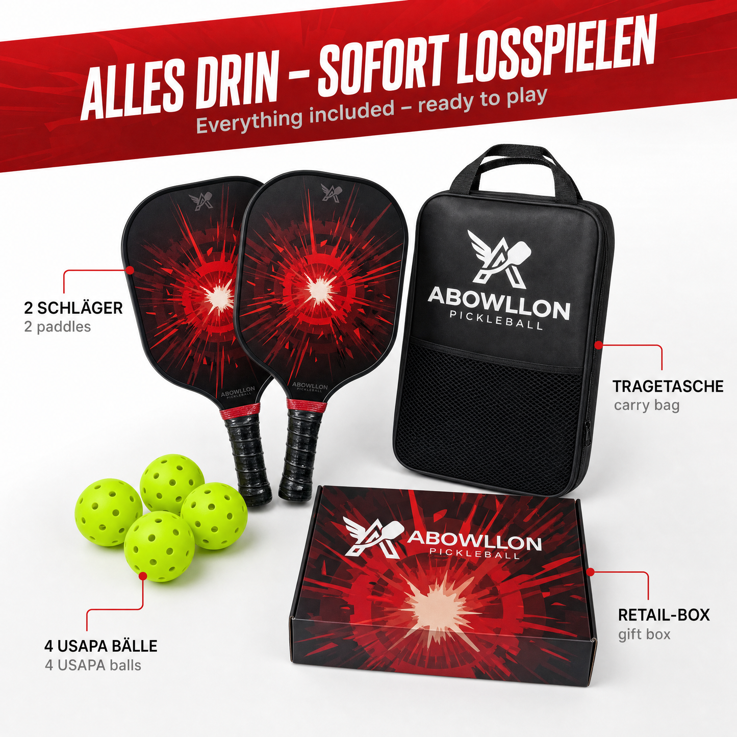 Lieferumfang: 2 Pickleball Schläger, 4 USAPA Bälle, Tragetasche und Geschenkbox