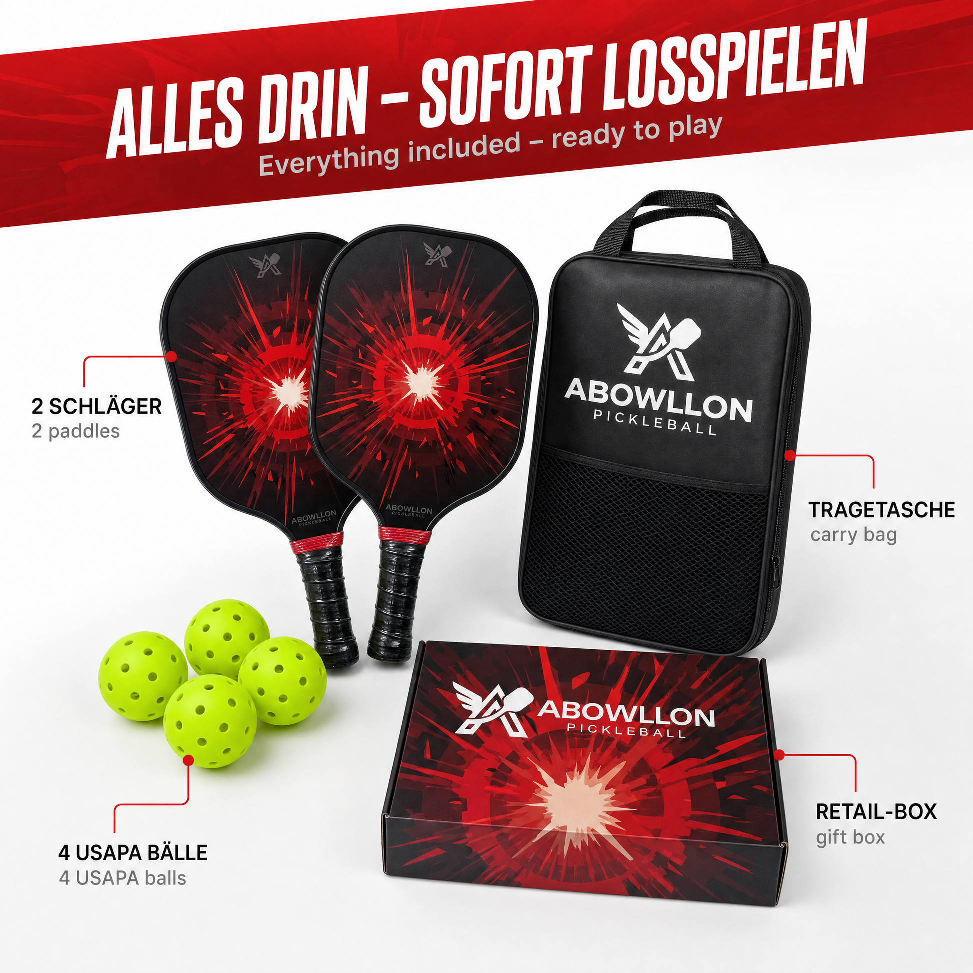 Lieferumfang: 2 Pickleball Schläger, 4 USAPA Bälle, Tragetasche und Geschenkbox