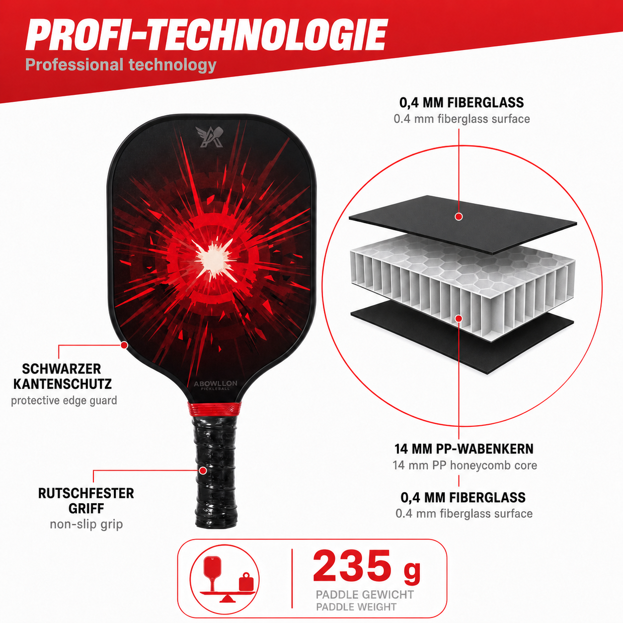 Technische Daten: Fiberglas-Oberfläche, 14 mm PP Honeycomb Core, 235 g