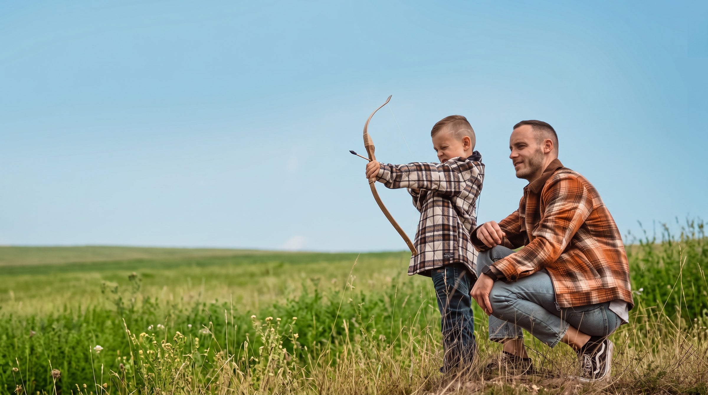Vater und Sohn beim Bogenschießen mit Abowllon Holzbogen im Feld