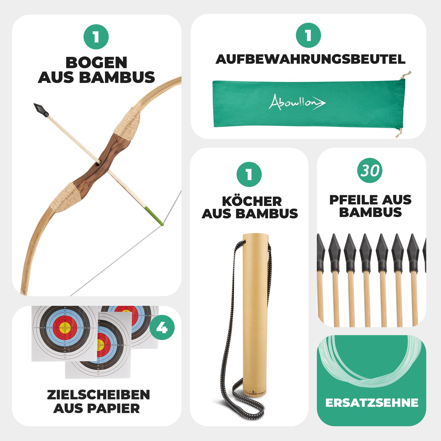 Pfeil und Bogen Kinder Sportgerät Holz Set mit 30 Pfeilen & ZIelscheiben