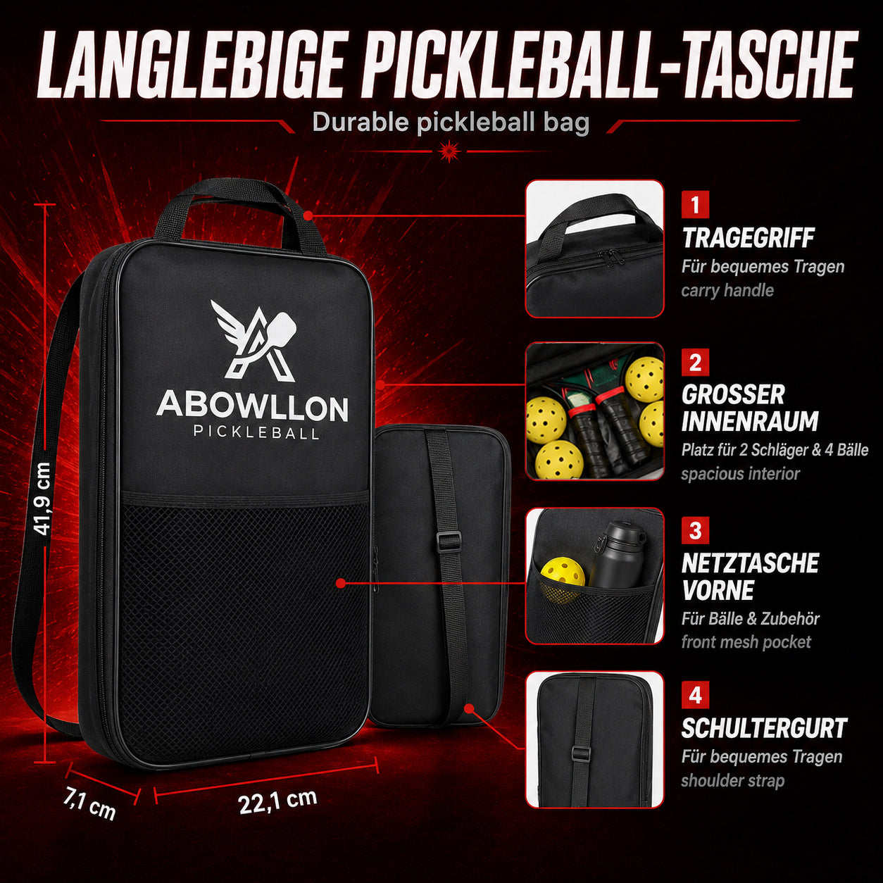 Tragetasche aus Polyester mit Netzfach und Abowllon Branding