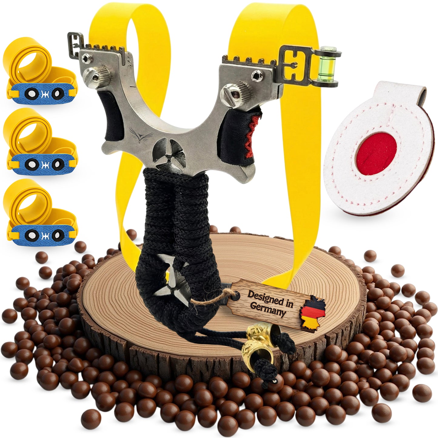 Abowllon® Steinschleuder-Set aus Edelstahl – Zwille Sportgerät mit 1 Lederziel, 100 Tonkugeln & 3 gelben Gummibändern – Ergonomischer Griff, präzise & robust