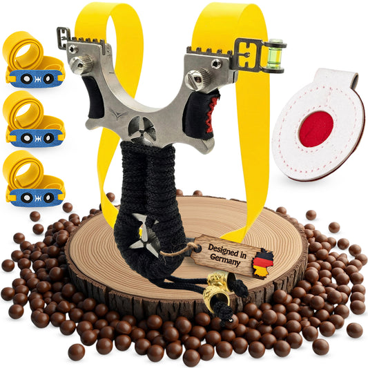 Abowllon® Steinschleuder-Set aus Edelstahl – Zwille Sportgerät mit 1 Lederziel, 100 Tonkugeln & 3 gelben Gummibändern – Ergonomischer Griff, präzise & robust