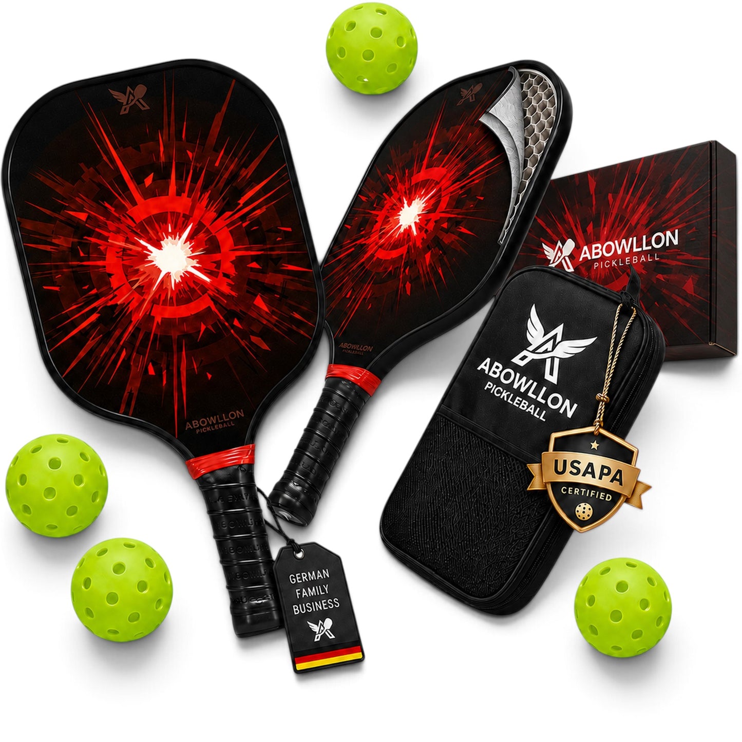 Abowllon Pickleball Set Blaze mit 2 Schlägern, 4 USAPA Bällen, Tragetasche und Retail-Box